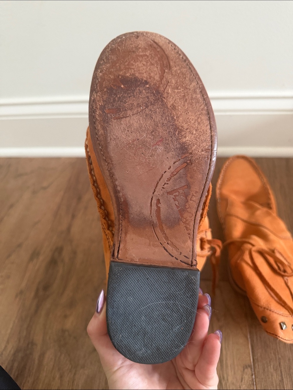 Vintage Orange Leather Studded Slip-On Boots - Picture 5 of 5